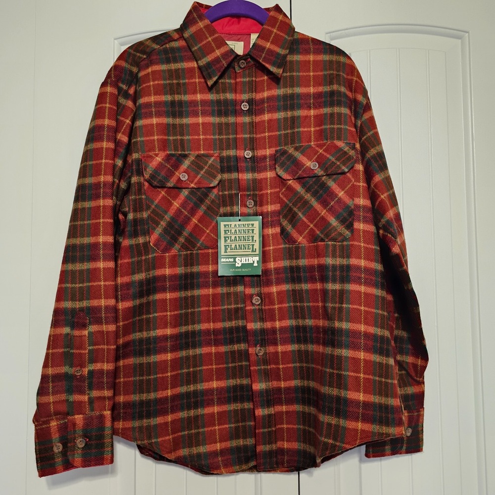 Sears Flannel Shirt Mens Medium Red Plaid Perma-Prest Heavyweight Vintage NWT